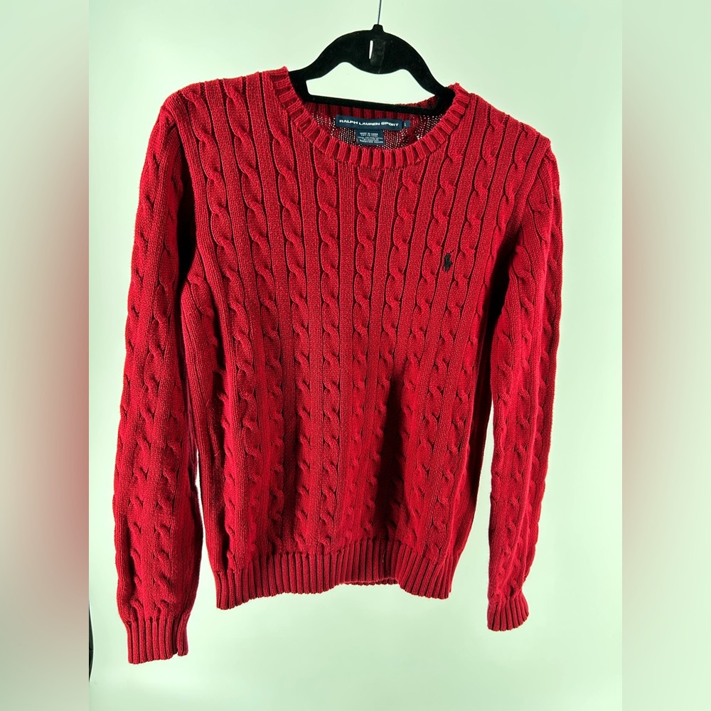 RALPH LAUREN Sport WOMEN'S Sz L Red Cable Knit Sweater Black Pony 100% cotton